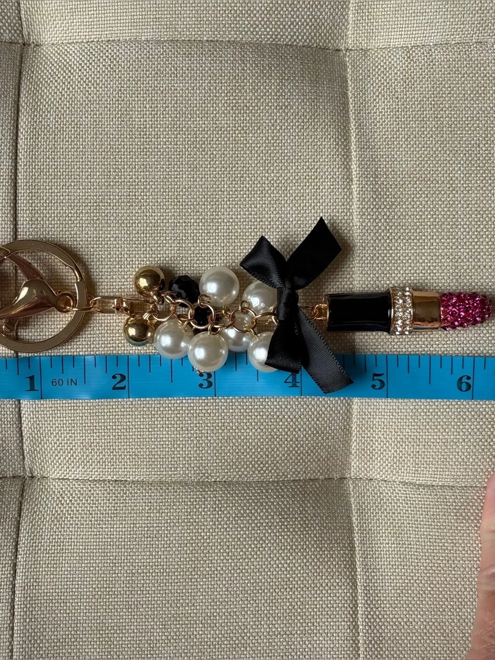 Pearl & Black Ribbon Lipstick Keychain Bag Charm